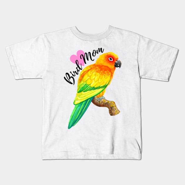 Sun Conure Bird Mom (Black) Kids T-Shirt by IvyLilyArt